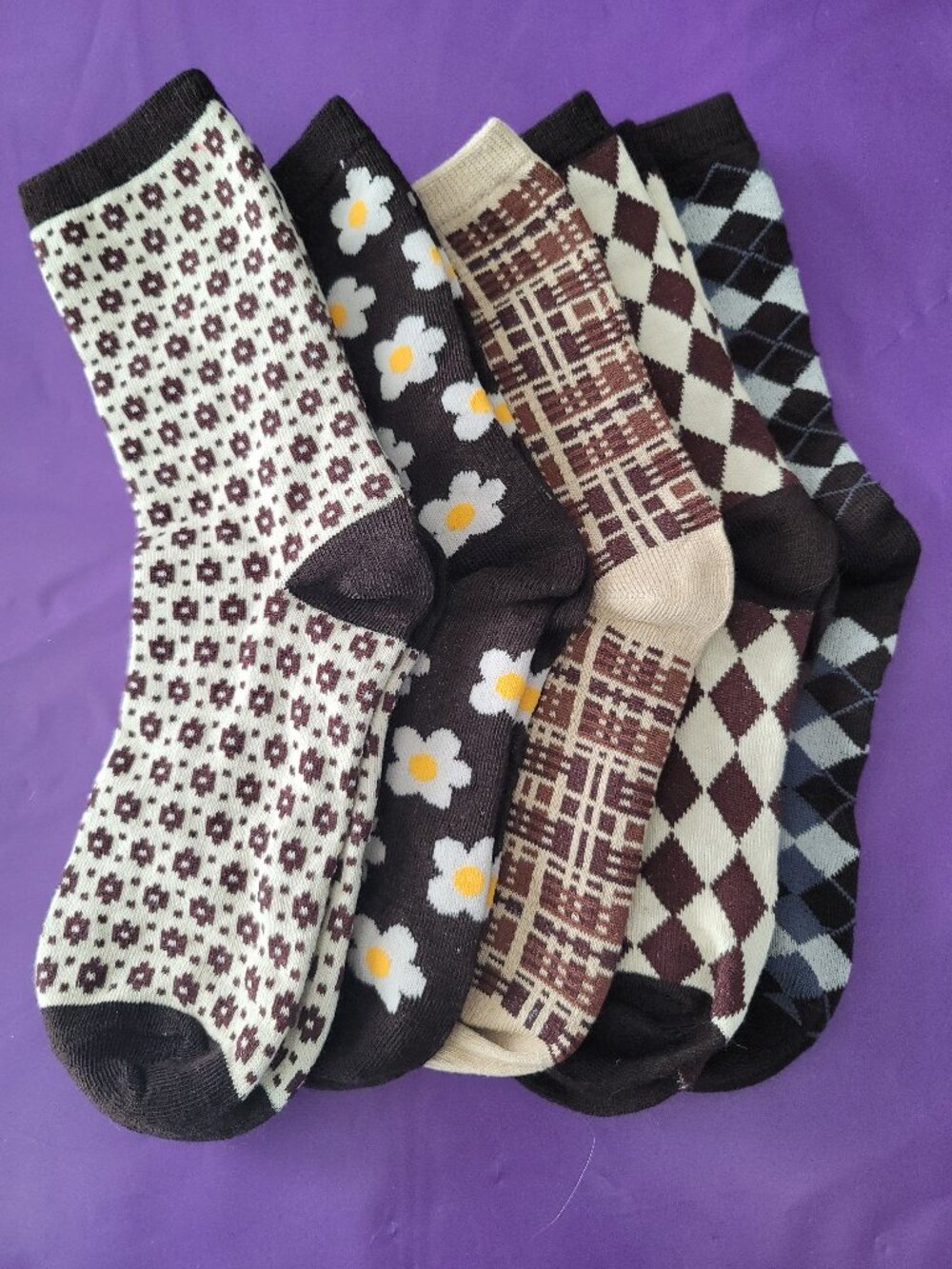 5 Pair Lot Vintage Patterned Crew Socks Plaid Argyle Daisy NWOT